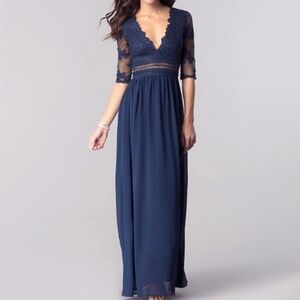 Long Formal Dress, v- Neck, lace sleeves Deep Navy Blue Small
